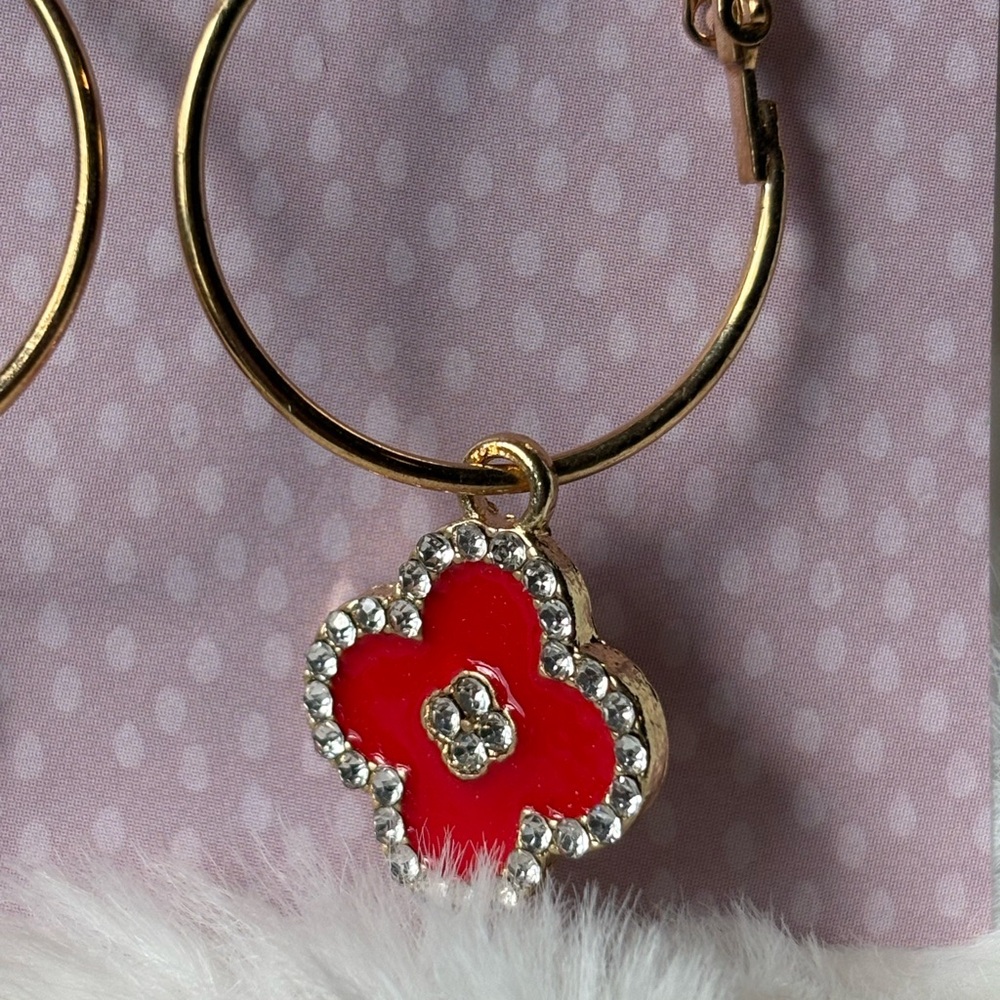 Gold and Red Floral Hoop Earrings - Picture 2 of 3